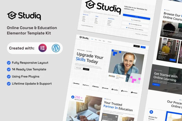 Studiq online course and education Elementor template kit preview