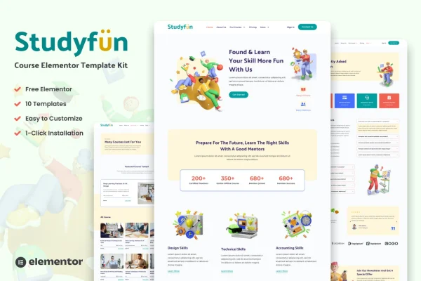 Studyfun course Elementor template kit preview showing education website page layouts