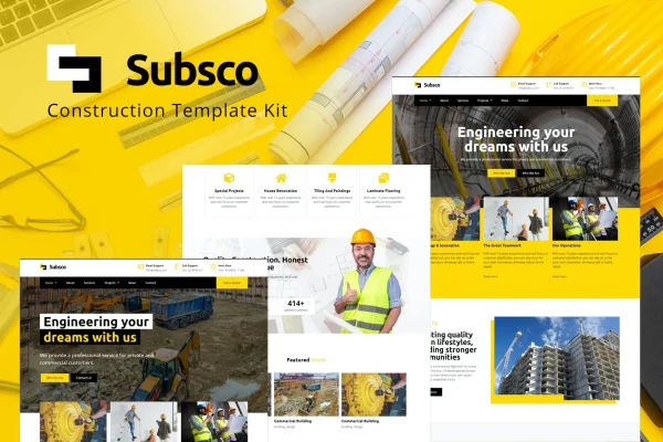 Subsco construction Elementor template kit preview showing website page layouts