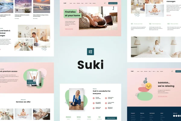 Suki meditation channel Elementor template kit preview with calm page layouts