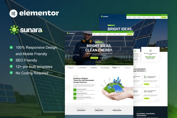 Sunara solar and renewable energy Elementor template kit preview
