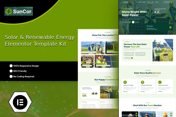 Suncor solar and renewable energy Elementor template kit preview