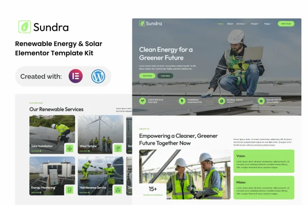 Sundra solar and renewable energy Elementor template kit preview