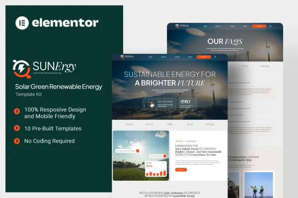 Sunergy solar and renewable energy Elementor template kit preview