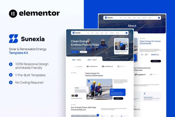 Sunexia solar and renewable energy Elementor template kit preview