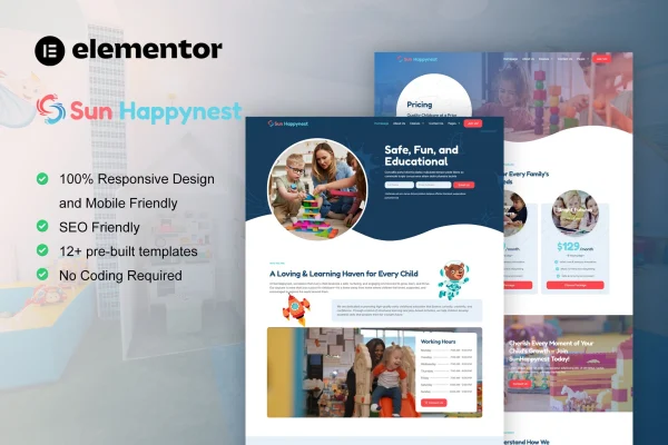SunHappynest kindergarten and child care Elementor Pro template kit preview