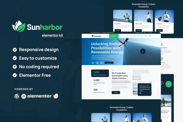 SunHarbor solar and renewable energy Elementor template kit preview