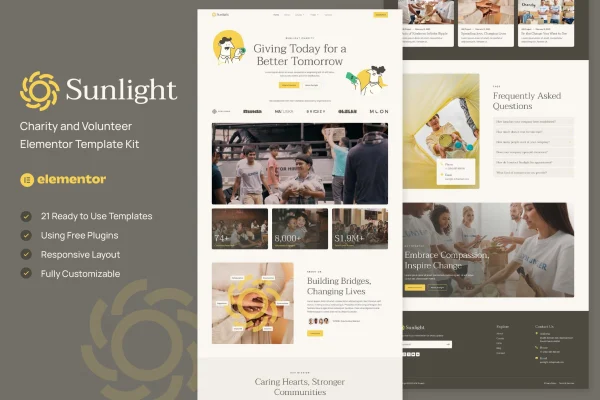Sunlight charity and volunteer Elementor template kit preview