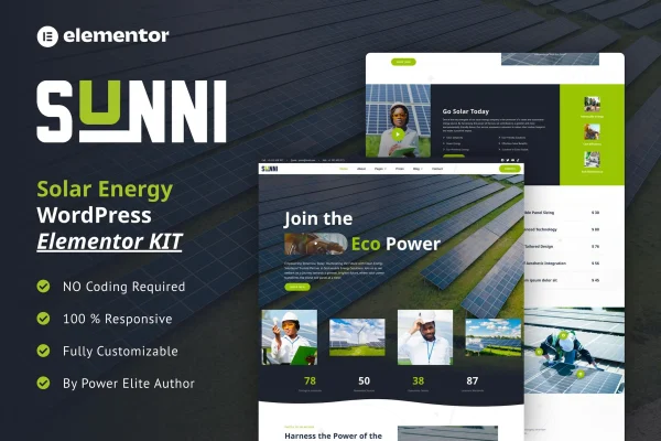 Sunni solar energy Elementor template kit preview showing website page layouts