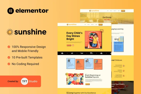 Sunshine daycare Elementor template kit preview with colorful, playful page layouts