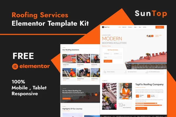 Suntop roofing services Elementor template kit cover image