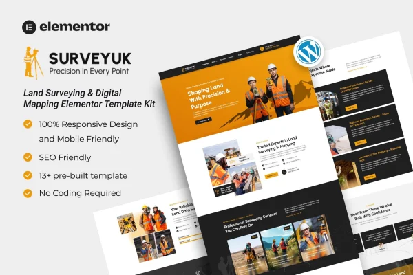 Surveyuk Elementor template kit preview for a land surveying and digital mapping website