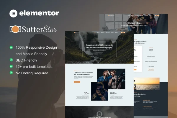SutterStar photography portfolio Elementor template kit preview