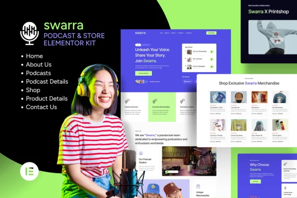 Swarra podcast streaming and merchandise store Elementor template kit preview