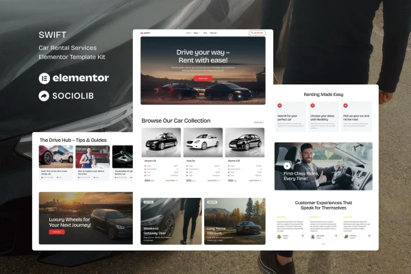 Swift car rental Elementor template kit cover showing website page layouts