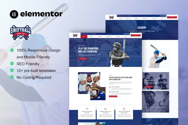 SwiftBall baseball team and sport club Elementor Pro template kit preview