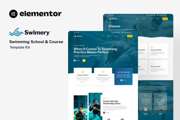 Swimery swimming school Elementor template kit preview