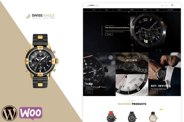 Swiss Eagle WooCommerce shop theme preview showing an online store homepage