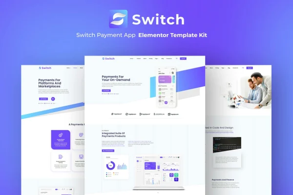 Switch payment app Elementor template kit cover showing website page layouts