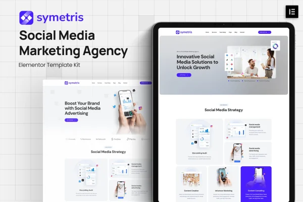 Symetris social media marketing agency Elementor template kit preview
