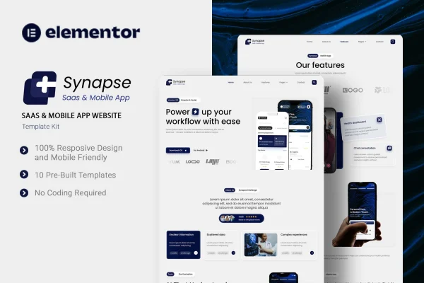 Synapse SaaS and mobile app Elementor template kit preview