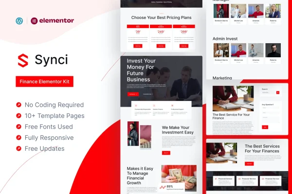 Synci finance Elementor Pro template kit cover showing page designs