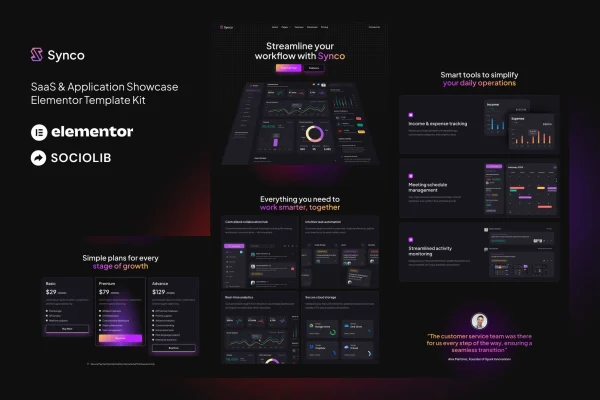 Synco SaaS and software Elementor template kit preview