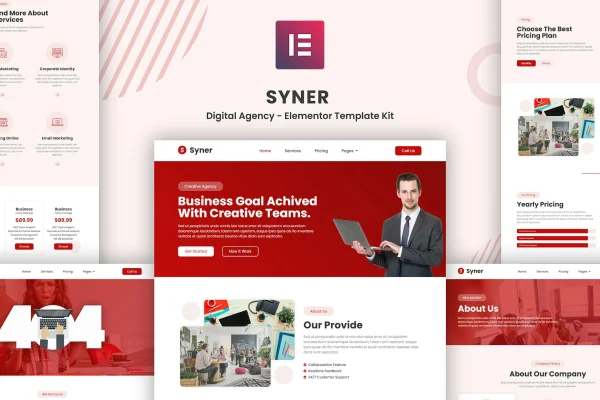Syner creative agency Elementor template kit cover showing page layouts