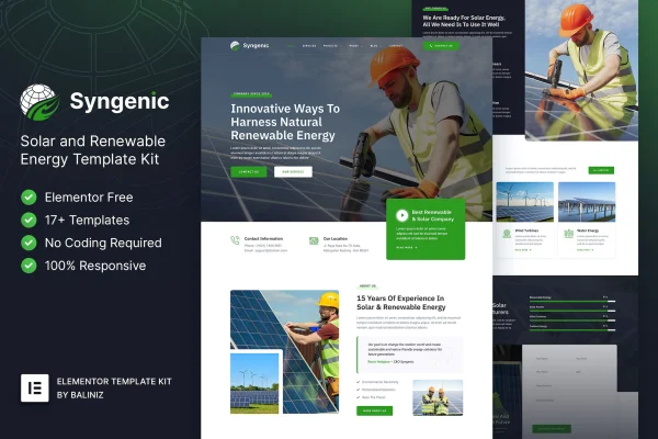 Syngenic solar and renewable energy Elementor template kit preview