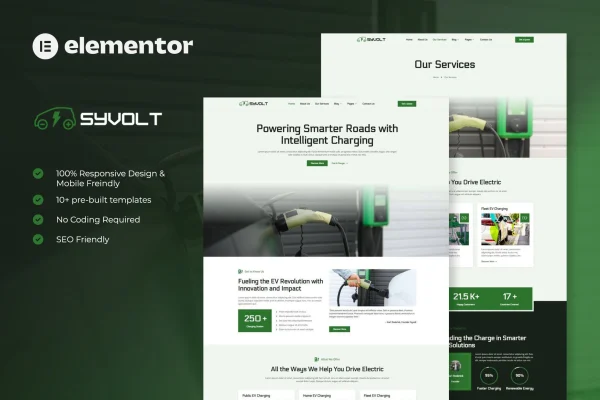 Syvolt Elementor template kit preview for an electric vehicle charging station website