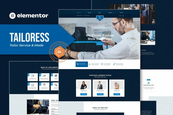 Tailoress Elementor template kit preview for a tailor service website
