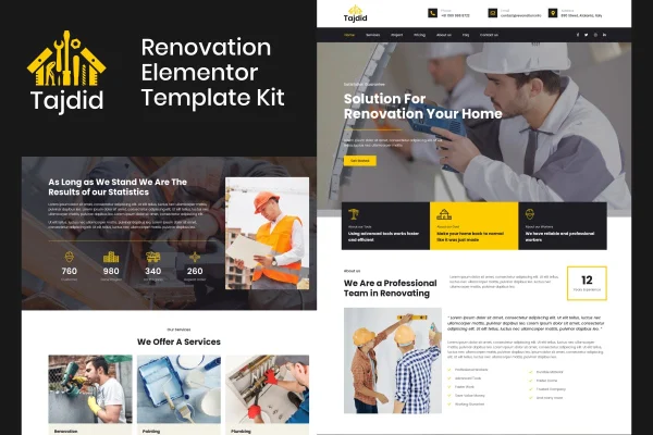Tajdid renovation Elementor template kit preview showing construction website pages