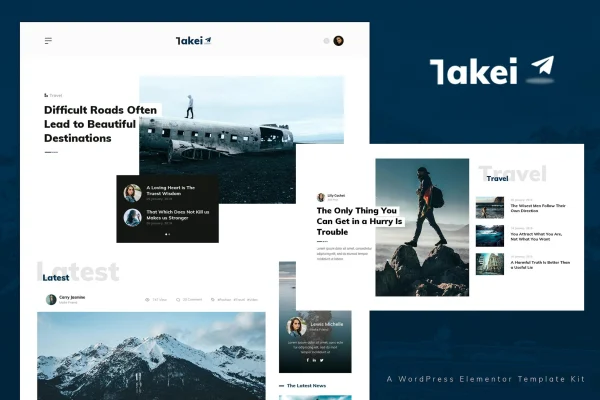 Takei news and magazine Elementor template kit cover showing homepage layouts
