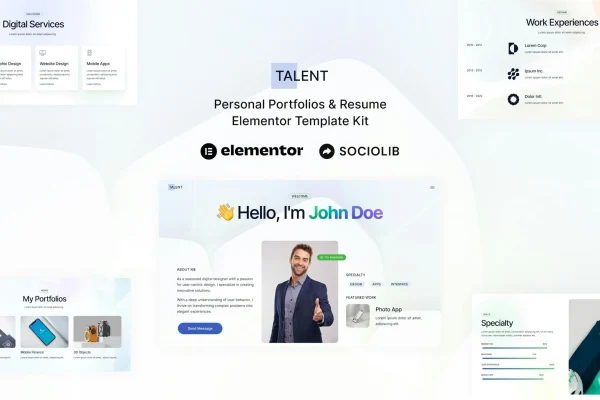 Talent personal portfolio and resume Elementor template kit preview