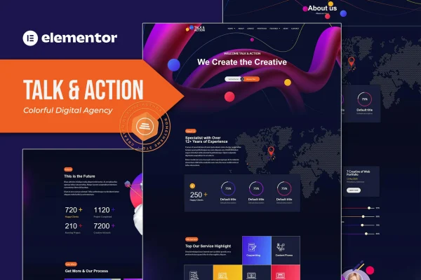 Talk & Action colorful digital agency Elementor template kit preview