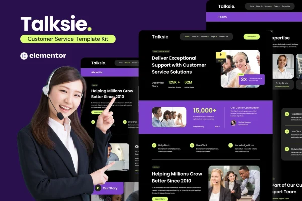 Talksie customer service Elementor template kit preview