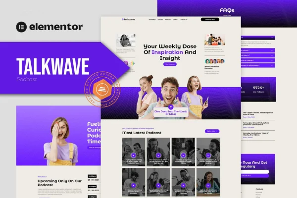 Talkwave podcaster Elementor template kit preview showing podcast website page layouts