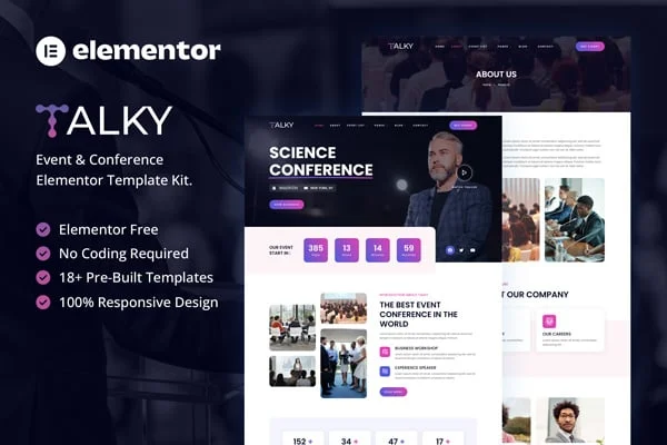 Talky event and conference Elementor template kit preview