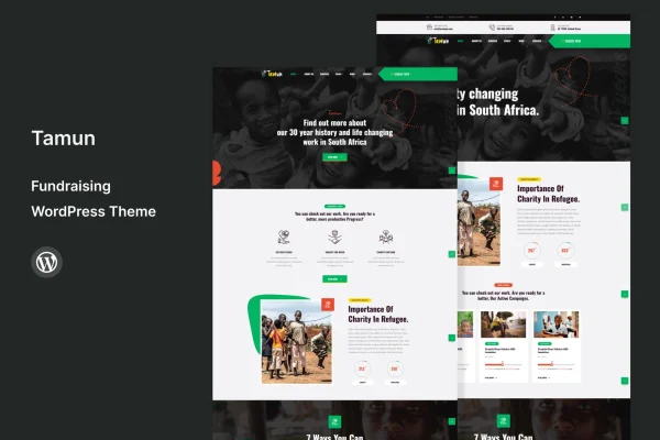 Tamun fundraising WordPress theme cover showing a charity website design