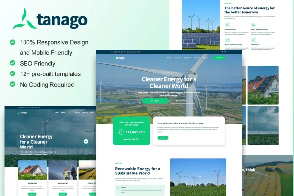 Tanago green renewable energy Elementor template kit preview