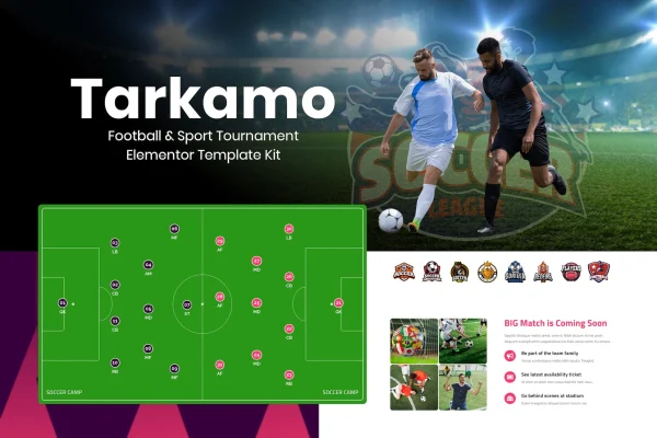 Tarkamo football and sport tournament Elementor template kit preview in a blue design