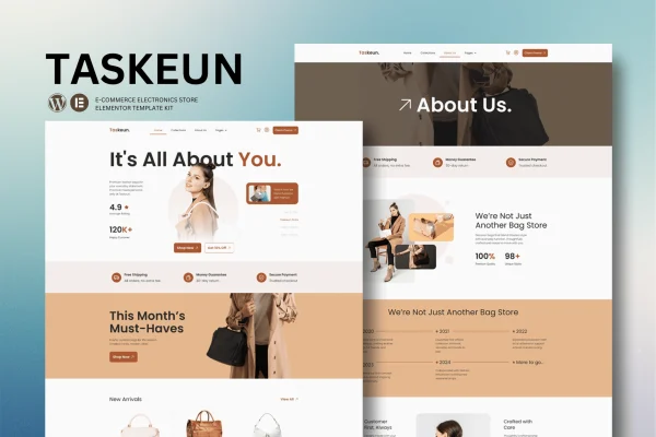 Taskeun Elementor template kit preview for an e-commerce bag store