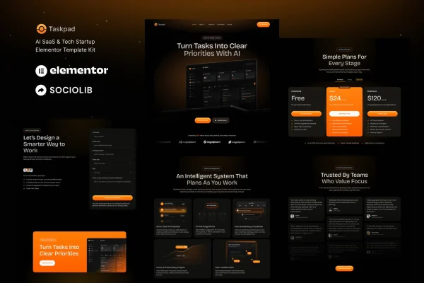 Taskpad AI SaaS and tech startup Elementor template kit preview