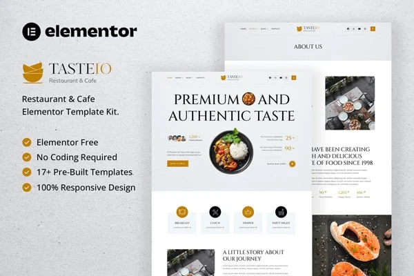 Tasteio restaurant and cafe Elementor template kit preview