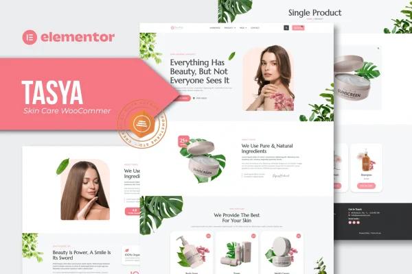Tasya skin care WooCommerce Elementor template kit cover image