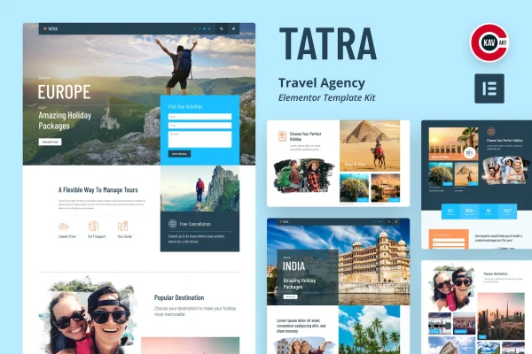 Tatra travel agency Elementor template kit cover showing homepage and tour package page layouts