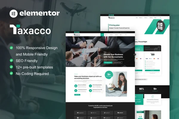 Taxacco accounting firm Elementor Pro template kit preview