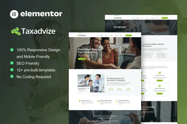 TaxAdvize Elementor template kit preview for tax advisor and financial consulting websites