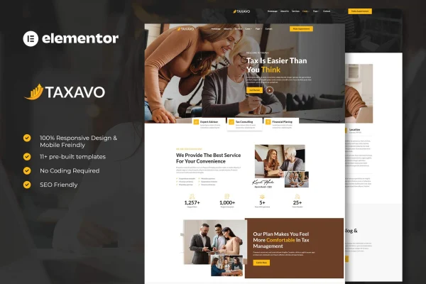 Taxavo tax advisor and financial consulting Elementor template kit preview