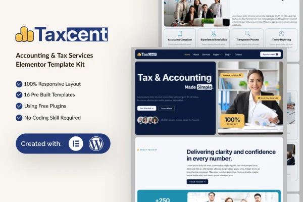 Taxcent Elementor template kit preview for accounting and tax services websites